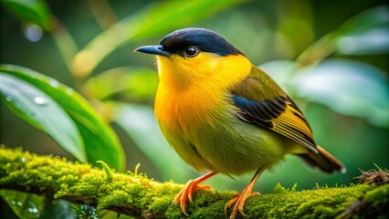Obraz premium Stunning Golden Collared Manakin Perched Among Vibrant Green Foliage in Lush Tropical Habitat Setting
