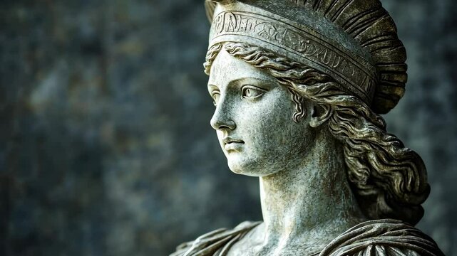 A close-up view of a stone sculpture of a woman, possibly a goddess, wearing a helmet and looking to the side