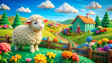 Fototapeta premium Charming Plasticine World with Little Homemade White Sheep on a Farm Landscape Photography