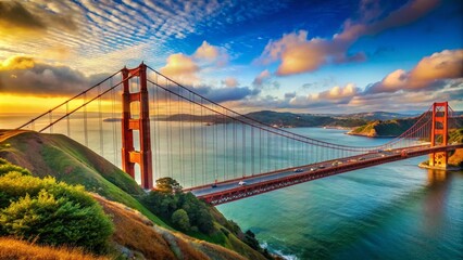 Fototapeta premium Stunning Golden Gate Bridge in Portugal: A Scenic View of Iconic Architecture Against a Breathtaking Landscape