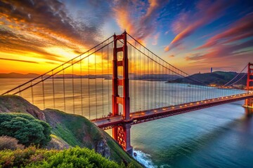 Obraz premium Stunning Golden Gate Bridge View in New York: Iconic Landmark and Architectural Marvel at Sunset with Scenic Skyline
