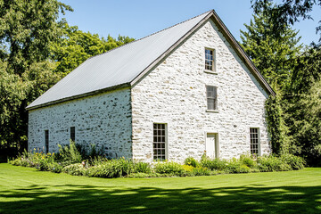 Obraz premium A charming stone barn with a gable roof dressed in smooth, white-painted stucco walls stands amidst lush grass and greenery. Its rustic beauty and modern elements are enhanced by the clear blue sky.