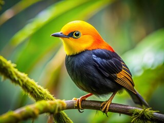 Obraz premium Stunning Golden Headed Manakin in Lush Rainforest Habitat Capturing Nature's Vibrant Colors and Unique Avian Beauty