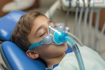 Child boy with an oxygen mask for anesthesia