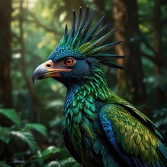 Obraz premium A vibrant green and blue bird with a spiky crest, perched in a lush forest, with its orange eye looking directly at the viewer.