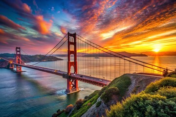 Fototapeta premium Stunning Golden State Bridge Landscape with Majestic Views and Vibrant Sunset Over Water in California's Iconic Scenery