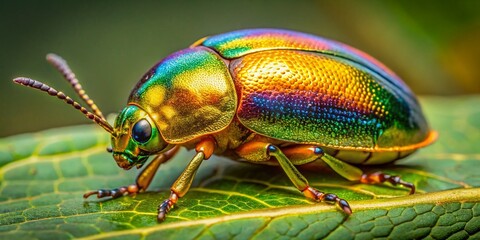 Naklejka premium Stunning Golden Tortoise Beetle on Leaf - Nature's Unique Insect with Shimmering Gold Shell and Colorful Patterns in