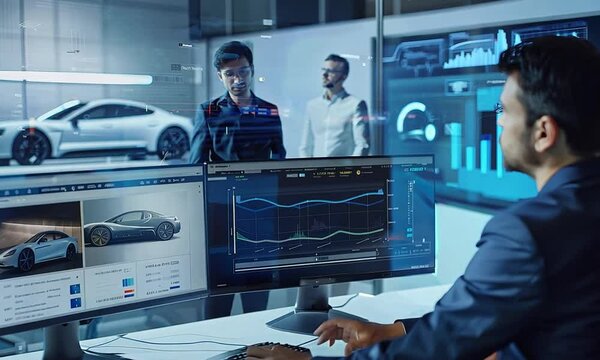 Engineer in modern office works on car design. Colleagues discuss in background. High-tech workspace. AI