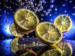 Citrus Elegance: Levitating Lemon Slices with Glistening Droplets on a White Background for Freshness and Vibrancy