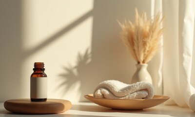 Amber bottle next to delicate flowers in a calm atmosphere.