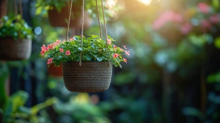 A close-up shot of a hanging basket with pink flowers and green leaves, with a blurry background of other plants and a sunlit sky.