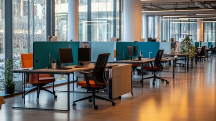 Modern Office Space: A  row of sleek, modern workspaces with vibrant blue and orange accents in a contemporary office environment. The space evokes a sense of professionalism and productivity.
