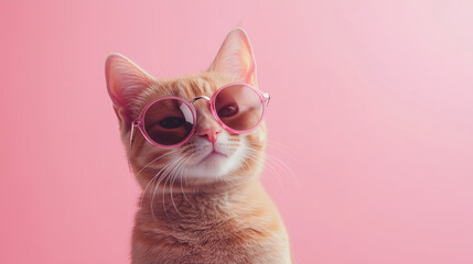 Orange tabby cat with pink sunglasses posing on a pastel pink background
