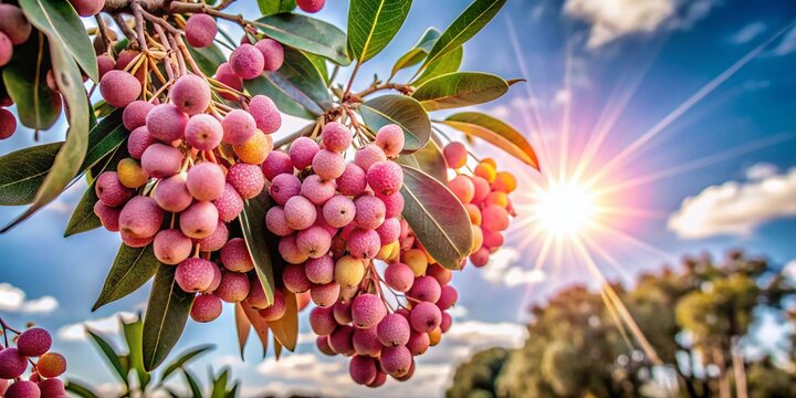 Close-up Aerial View of Backlit Australian Native Lilly Pilly with Bright Pink Berries and Wet Leaves