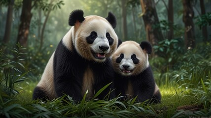 Obraz premium Two pandas sitting in a lush green forest, the larger panda looks to the side and the smaller panda looks at the camera.