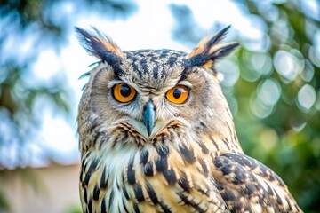Fototapeta premium Close-Up of a European Eagle Owl in Camouflage with Stunning Orange Eyes and Feathers
