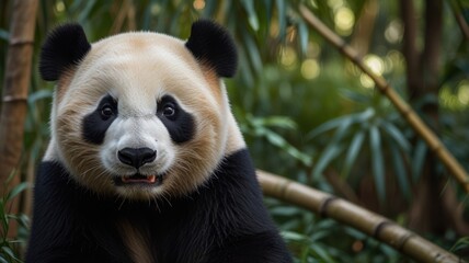 Obraz premium A close-up portrait of a giant panda, looking directly at the camera with a curious expression, in a bamboo forest.