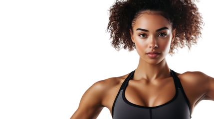 PNG Cutout of a Black Female Fitness Model, Isolated on a Transparent Backdrop, Perfect for Exercise, Training, and Health-Themed Design Projects or Digital Content Creation.