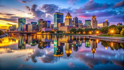 Naklejka premium Stunning Minnesota Skyline at Dusk with Vibrant Colors and Reflections in the Water, Perfect for Travel and Cityscape