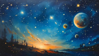 Fototapeta premium A vibrant, star-filled sky with a distant sunrise and multiple planets, creating a mystical and ethereal landscape