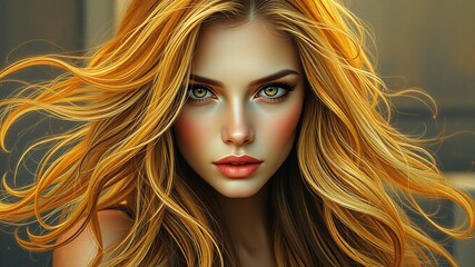 Fototapeta premium A charismatic beauty gazes back with captivating eyes, soft skin, and long flowing hair cascading down her shoulders,