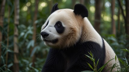 Obraz premium A giant panda sits in a bamboo forest, looking off to the side.