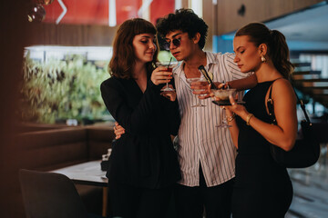 A group of friends enjoying a night out, holding cocktails at a chic bar. They exhibit a sense of fun, style, and social connection.
