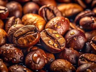 Obraz premium Closeup of Coffee Beans with Water Droplets - Rich Texture in Low Light Photography