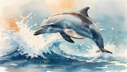 A watercolor painting of a dolphin leaping out of the water, creating a spray of water droplets The dolphin is silhouetted against a bright, orange and blue sky