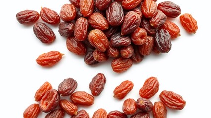 A close-up shot of a cluster of organic raisins, with their wrinkled brown surfaces and translucent bodies, arranged