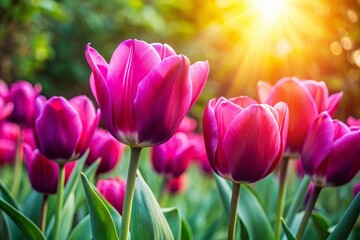 Obraz premium Close-Up of Fresh Bright Magenta Tulips in a Vibrant Outdoor Landscape