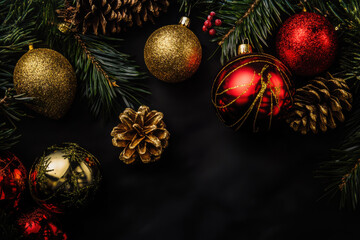 Goldene und rote Weihnachtskugeln mit Tannenzweigen und Zapfen auf schwarzem Hintergrund, Golden and red Christmas baubles with fir branches and cones on a black background