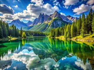 Fototapeta premium Stunning Nature Landscape with Majestic Mountains, Lush Green Forests, and a Serene Lake Under a Clear Blue Sky