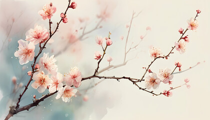 Delicate pink cherry blossoms bloom on bare branches against a soft, hazy background