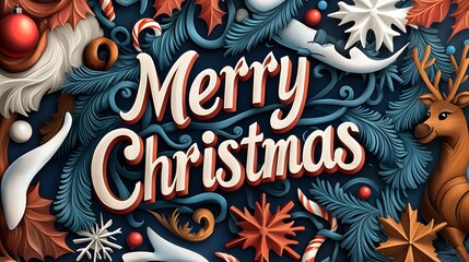 Merry Christmas Holiday Greeting with Reindeer and Ornaments. Illustration 3D For inserting text in Copy spaces