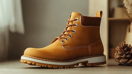 Minimalist Men's Boots on Beige Background - High-Quality Product Photography with Cinematic Lighting