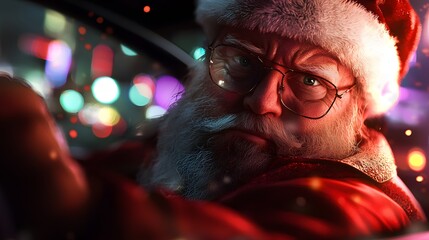 Fototapeta premium Santa Claus Driving Through the City. Illustration 3D For inserting text in Copy spaces