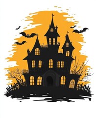 Halloween house  featuring a yellow and black color palette ， a silhouette of a haunted mansion with black bat silhouettes flying in the sky and a glowing yellow moon shining behind it