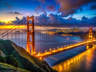 Stunning Night Views of the Golden Gate Bridge Illuminated by Lights for Scenic Photography and...