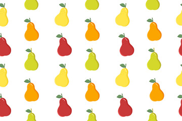 Seamless pattern with vector illustration of green, orange, red, yellow pear pears isolated on white background