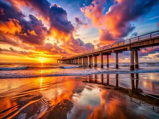 Obraz premium Stunning Ocean Beach Pier at Sunset with Fiery Skies and Gentle Waves Creating a Perfect Coastal Scene
