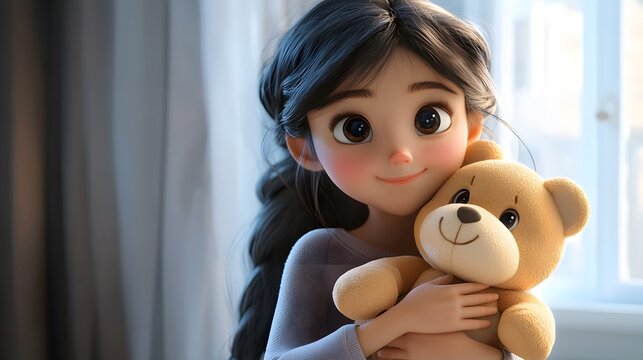 Girl Holding a Teddy Bear Illustration 3D For inserting text in Copy spaces
