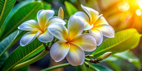 Fototapeta premium Close-Up of White and Yellow Plumeria Flower with Intricate Shadows for Nature Photography