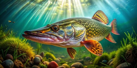 Fototapeta premium Stunning Pike Fish Pictures Capturing the Beauty of Freshwater Predators in Natural Habitats and Underwater