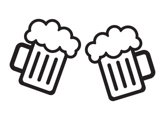 Cheers in the Pub, bar. Two beer mugs with foam toasting together. Beer mugs with foam, isolated on a white background. Beer mug icon outline vector. Cheer up friend.Lager beer. Toasting with mugs