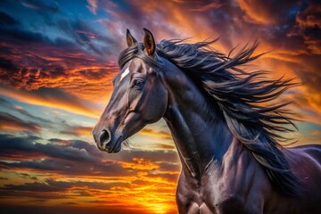 Obraz premium Close-Up Silhouette Portrait of a Majestic Black Horse Against a Sunset Sky