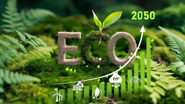 Eco Text on Green Moss Background.ESG,Net Zero.CO2 reduce.Green energy zero emission carbon co2 reduction graph charts,business virtual touch screen to show alternative energy growth