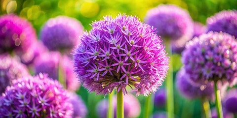 Fototapeta premium Stunning Purple Garlic Flower Bloom in Garden Setting with Vibrant Colors and Natural Beauty for Gardening and Floral