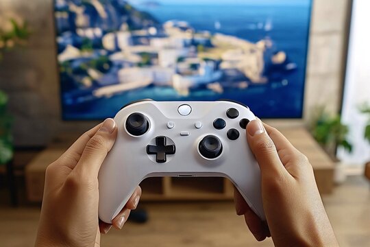 Person holding white game controller playing videogame