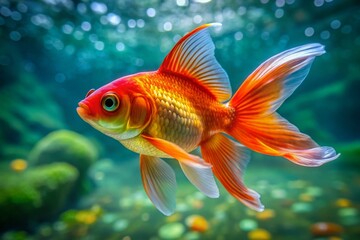 Fototapeta premium Stunning Red Capped Goldfish Swimming Gracefully in Crystal Clear Water - Ideal for Aquatic and Nature Photography